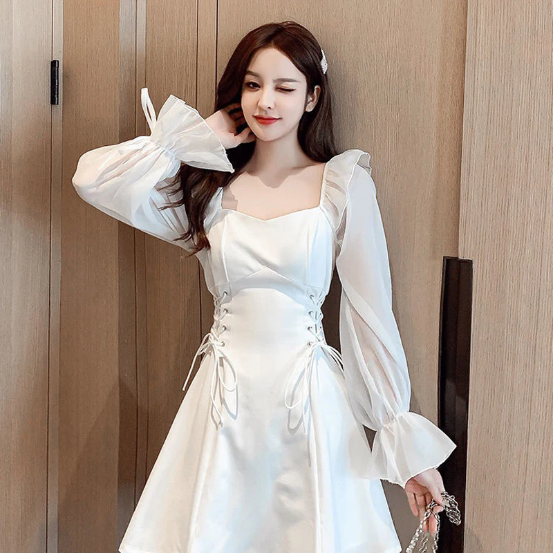 

2023 Spring New Women Fashion Elegant Dress French Style Square Collar Slim A-line Sweet Mesh Patchwork Puff Sleeve Vestido