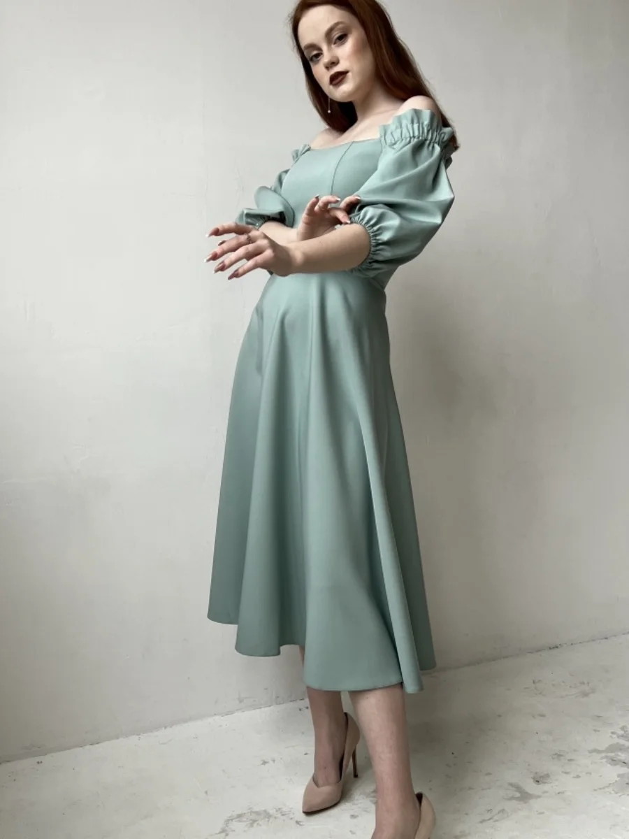 

Churses Party Dress Slash Neck Midi Dress Women Lantern Sleeve High Waist Vintage a Line Sexy Female Solid Color Elegant 2022