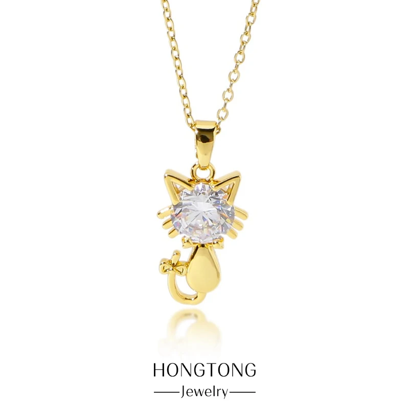 

HONGTONG Cute Zircon Cat Collarbone Necklace Women's Light Luxury Niche Design Sense Senior Sense Animal Necklace Accessories