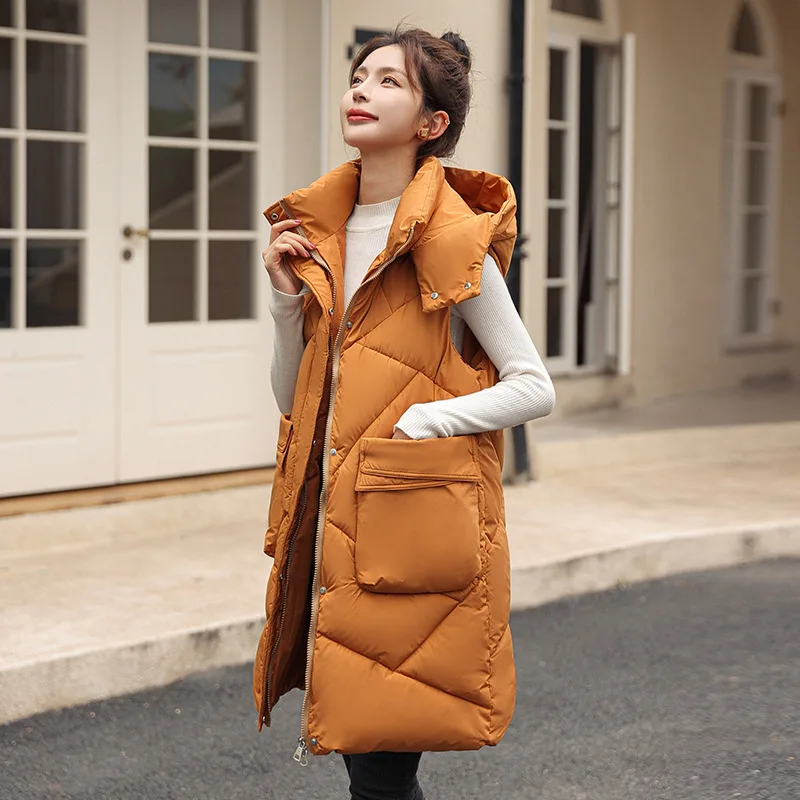 

2023 New Autumn Winter Long Hooded Vest Big Pocket Sleeveless Vest Coat Cotton Padded Warm Thick Waistcoat Outerwear