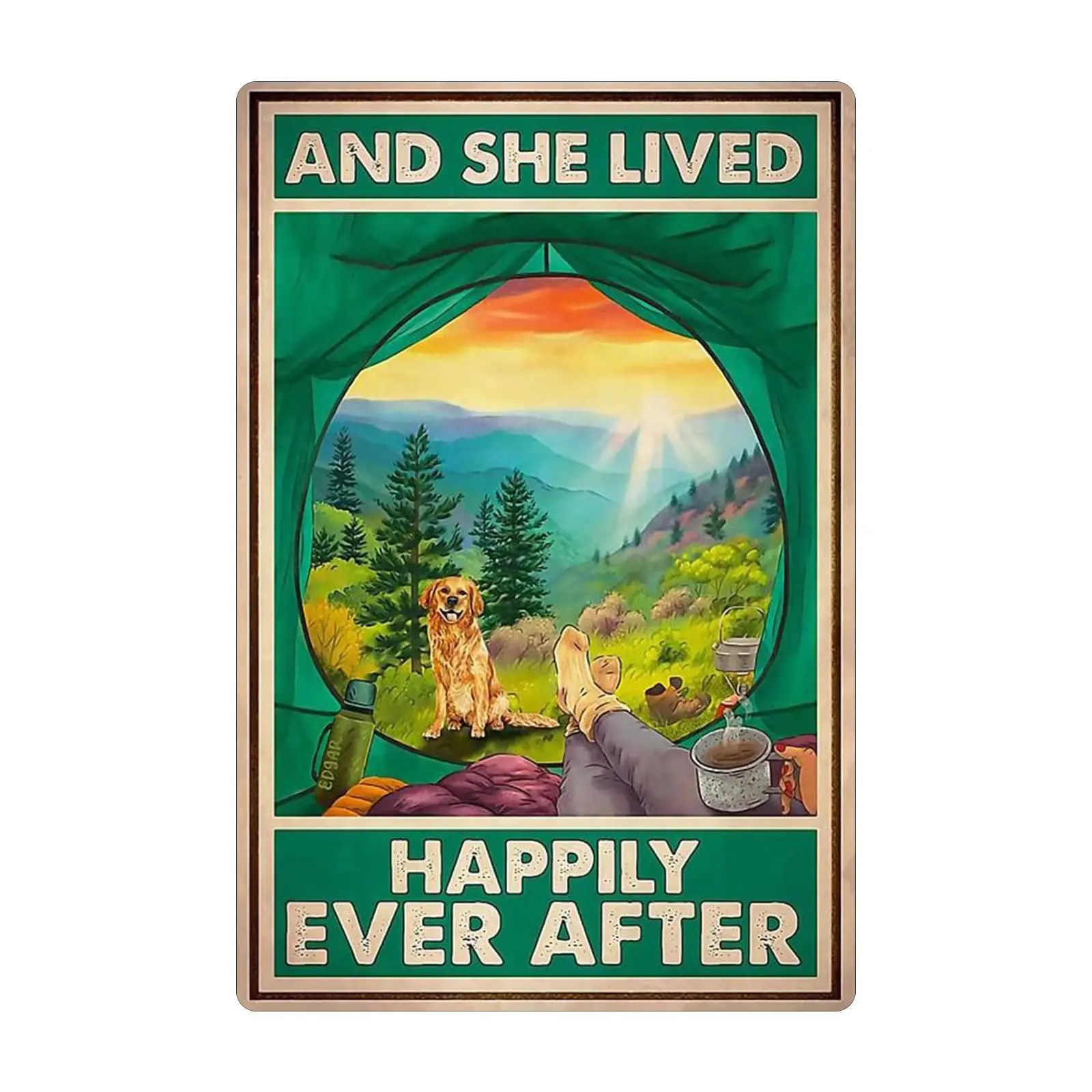 

Vintage metal Hanging Plaque And She Lived Happily Ever After Golden Retriever Camping Funny Home Wall Decor Bar Club Man Cave W