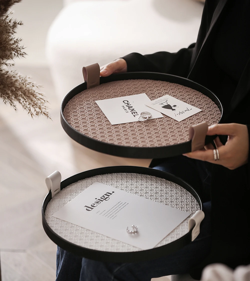 Круглый поднос для украшений в скандинавском стиле плетеный кожаный лоток