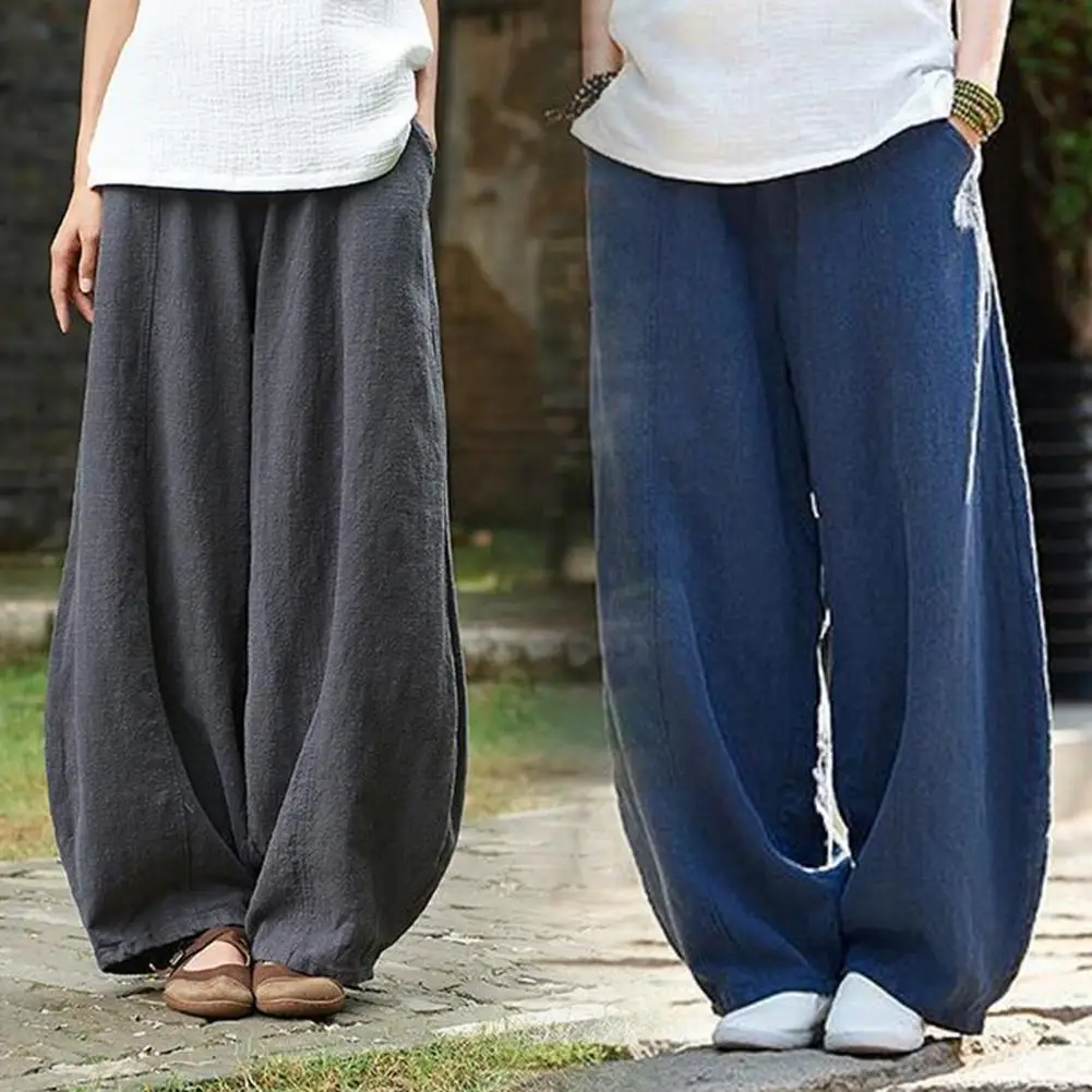 

Women Cotton Linen Bloomers Elastic Waist Mid-Rise Women Slant Pocket Full Length Wide Leg Pants Ladies Clothing Casual Trousers