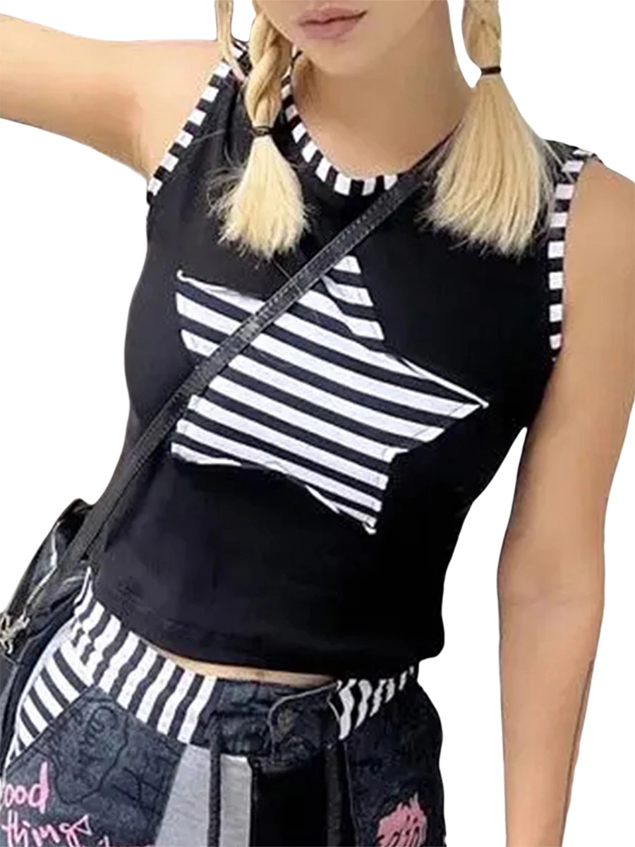 

Женский короткий топ без рукавов, готический облегающий топ с круглым вырезом и принтом звезд, уличная мода