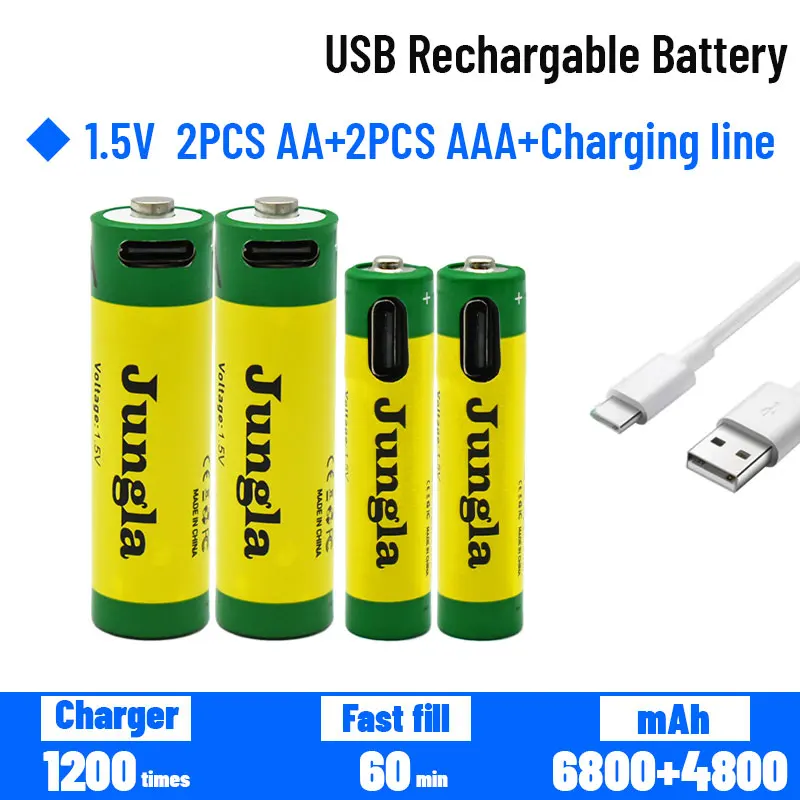 

2023 AA + AAA Large Capacity 6.8/4.8Ah Rechargeable Lithium Ion Battery 1.5V USB Fast Charging Lithium Ion Battery+Charging Line