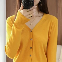 new v neck knitted cardigan womens spring and autumn solid color long sleeved loose plus size sweater coat