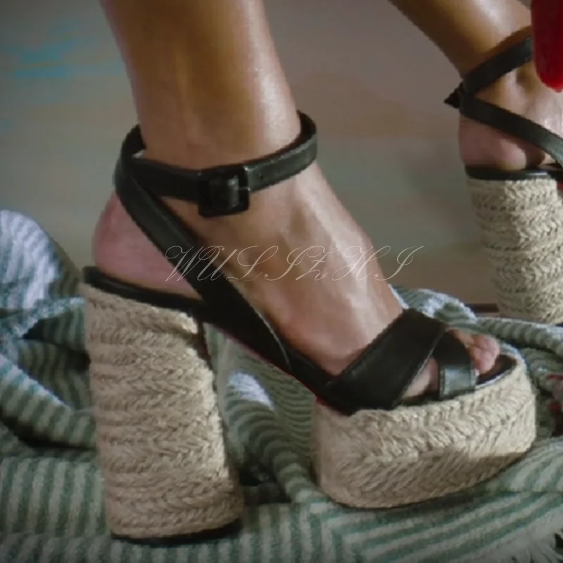 White Leather Straw Platform Heels Women Platform Buckle Sandals Black Hollow Slingback Wedge Espadarille Chunky Gladiator Shoes