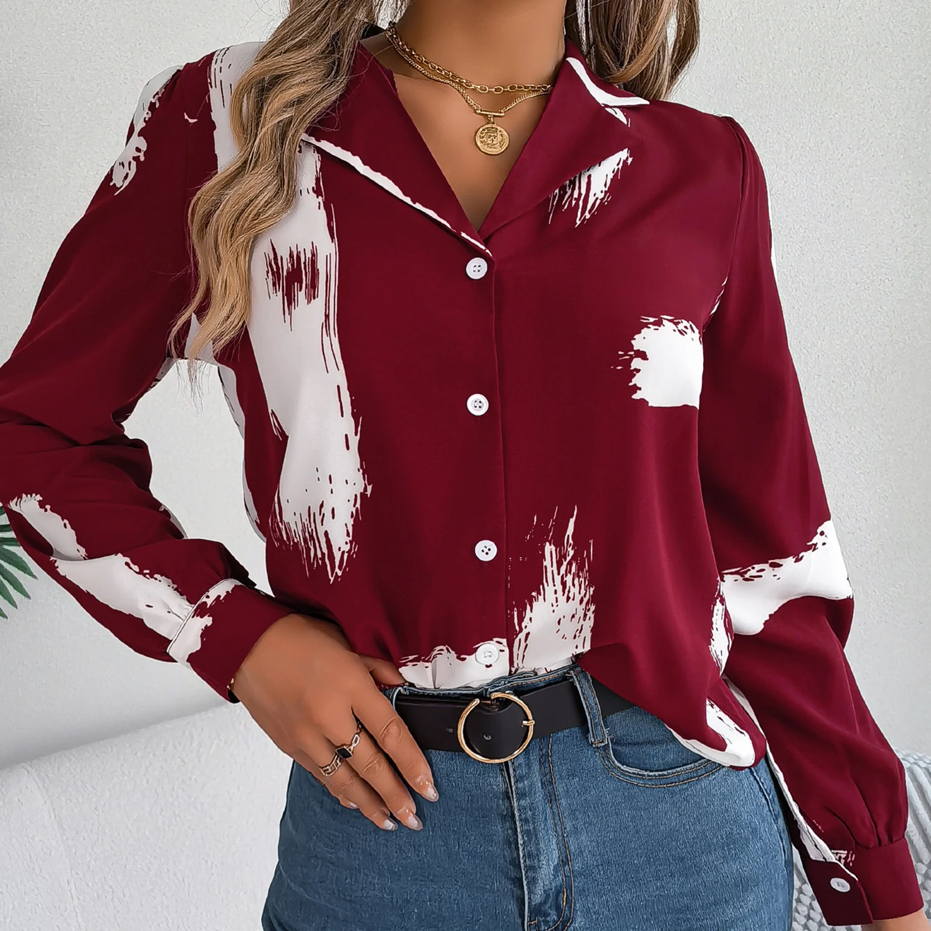 

Summer Elegant Patchwork Stripe Printed Suit Collar Shirt Single Breasted Long Sleeve Women Business Office Style Shirt