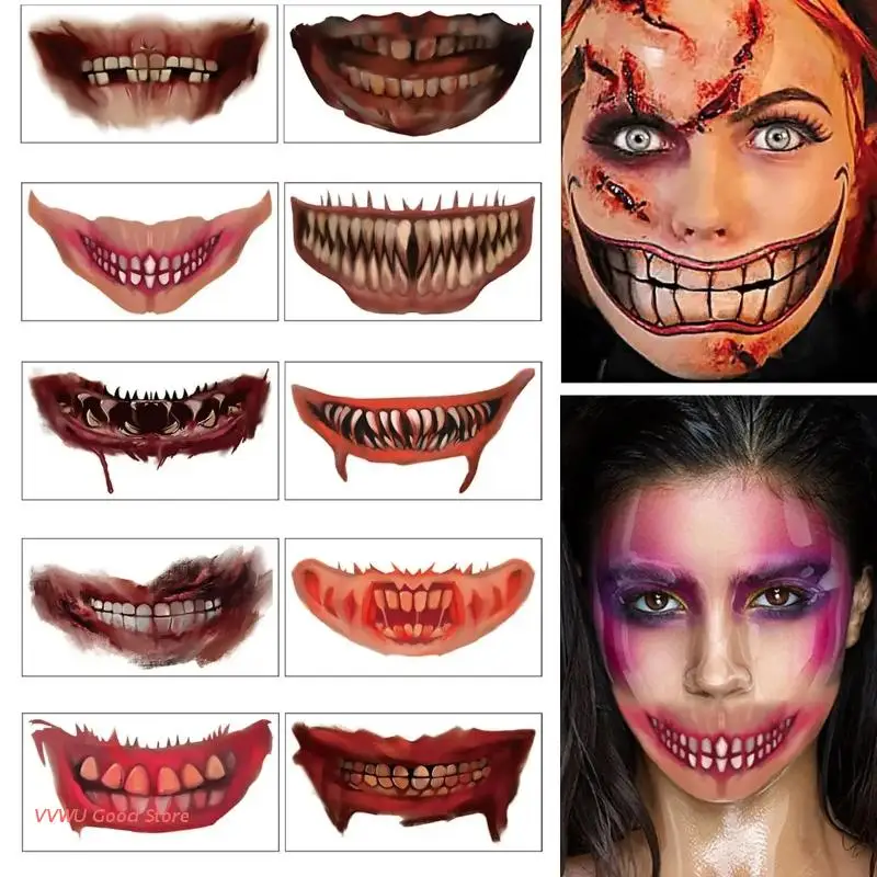 

Страшная Реалистичная временная татуировка на рот, наклейка на Хэллоуин, розыгрыш