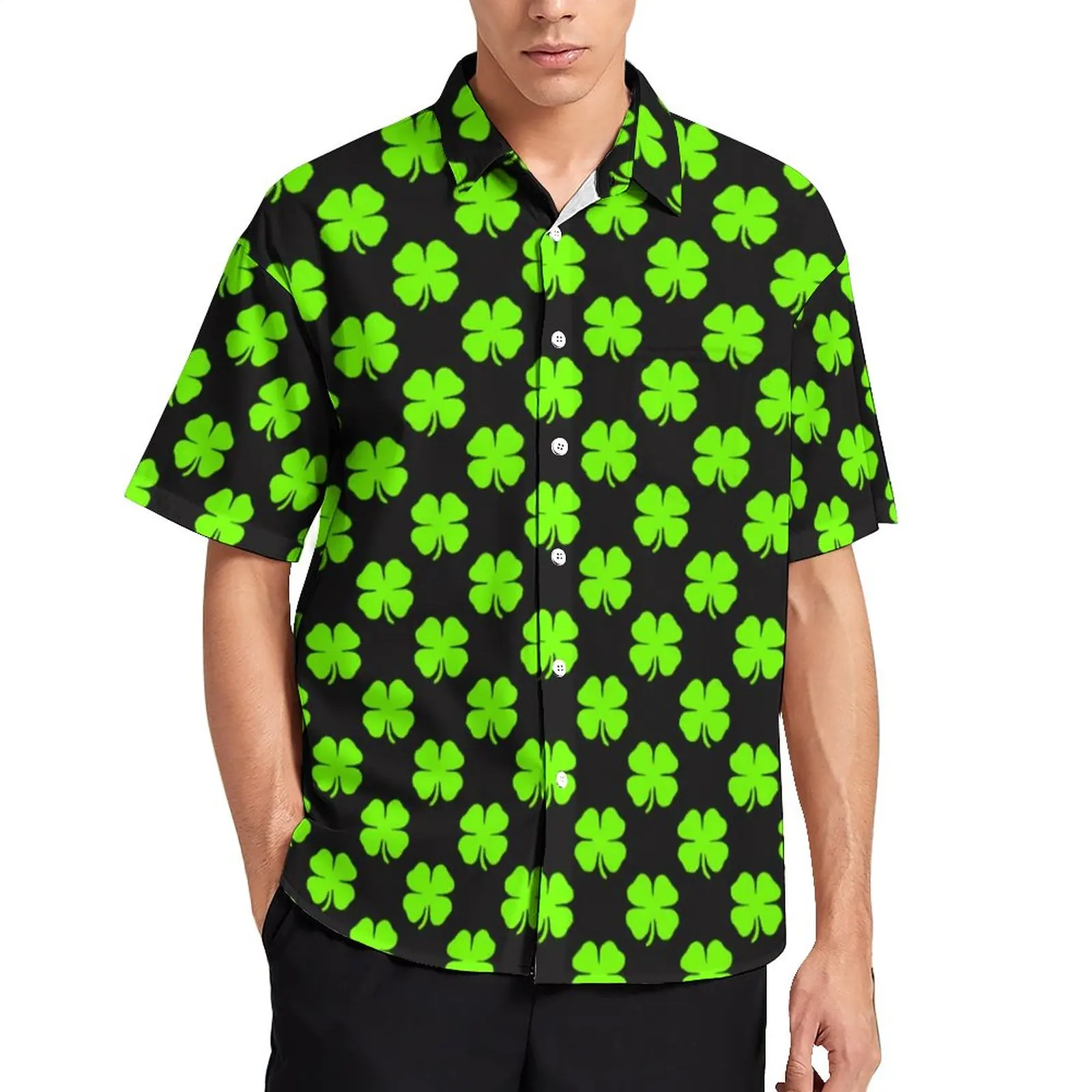 

Shamrock Pattern Casual Shirt Saint Patrick's Day Vacation Loose Shirt Hawaiian Y2K Blouses Short-Sleeved Printed Oversized Tops