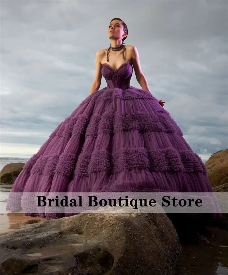

Purple Sweetheart Quinceanera Dresses 2024 Tiered Ruffle Beads Corset Pageant Ball Gowns Vestidos De 15 Años Lace-Up Back