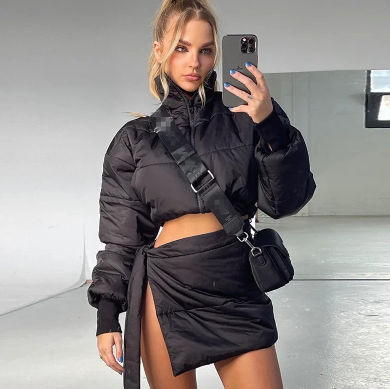 Y2k Women Fashion Week Personality Lady Solid Color Zipper Sleeve Stand Collar Lace Up Short Skirt Cotton Dress Women's Suit