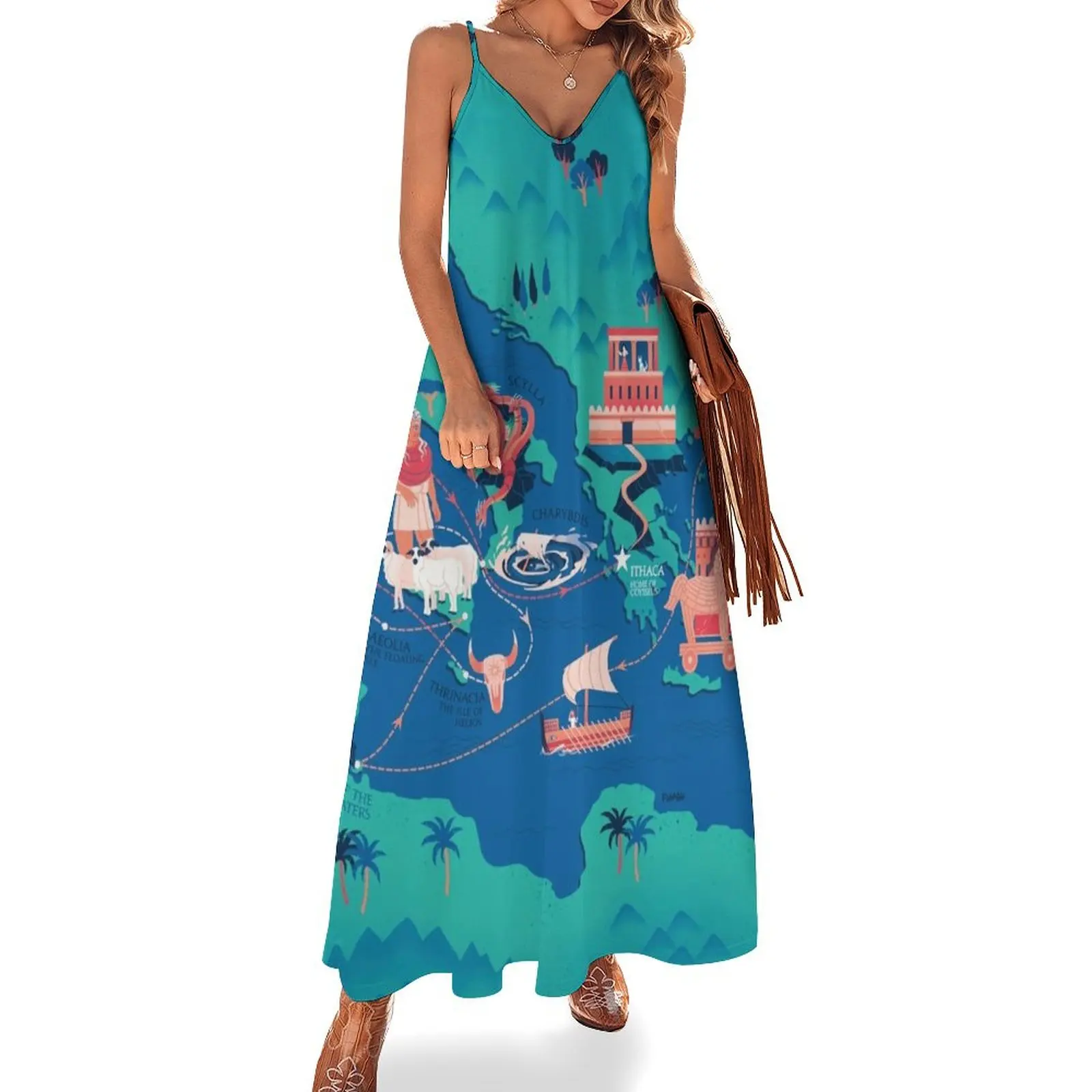 Карта Одиссея - Платье без рукавов Путешествие длинное платье женское летнее на