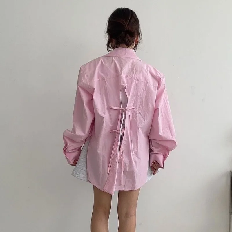 Блузка женская с вырезами на спине шнуровке бантом однобортная весна-осень 2024