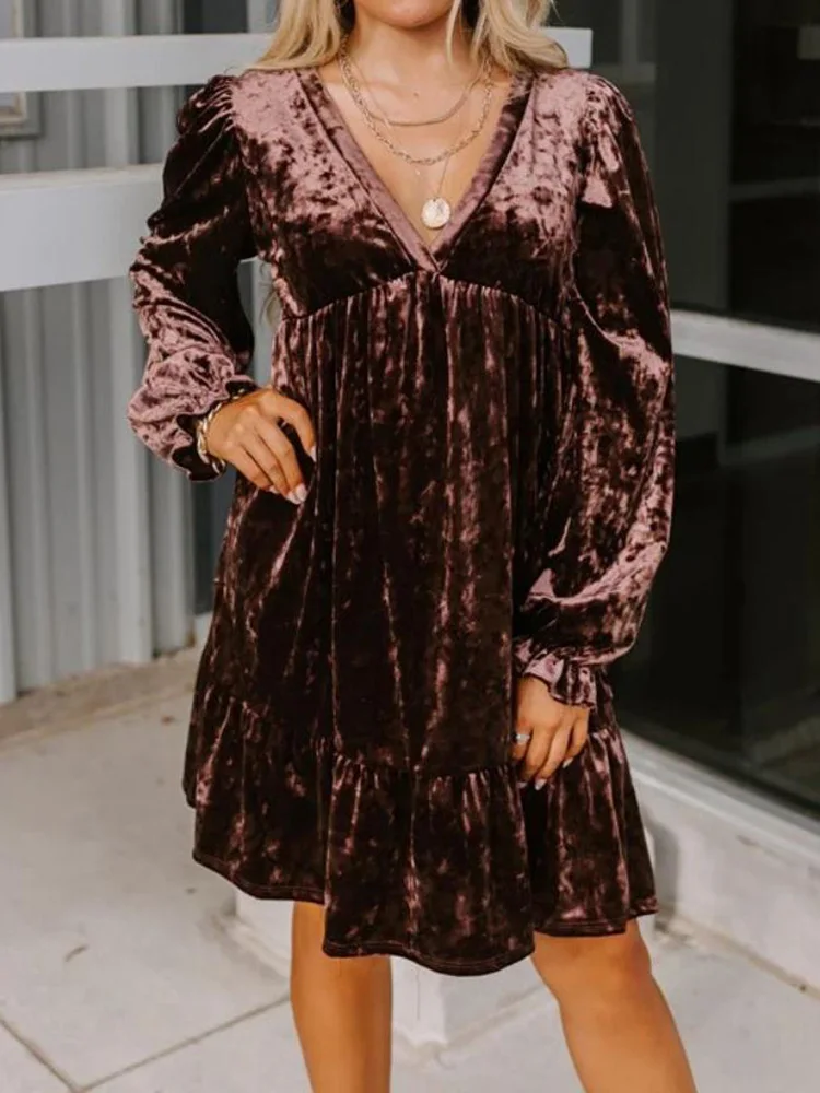 

Праздничное платье для отдыха с глубоким V-образным вырезом, женское платье с длинным рукавом-лепестком, простое мини-платье в стиле пэчворк на осень и зиму