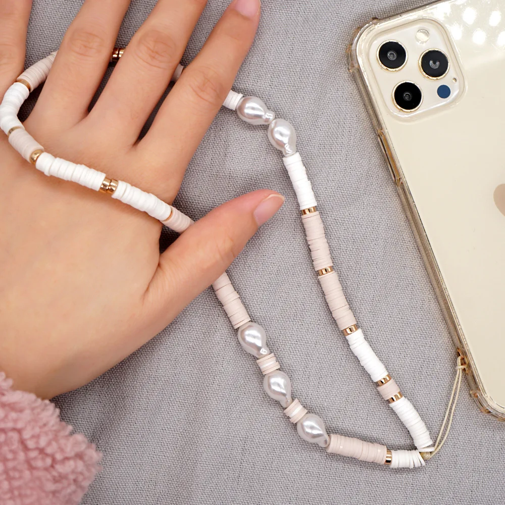 

Grey Soft Clay Pearl Mobile Strap Phone Chains Anti-lost Lanyard For Women Fashion Long Cellphone Pendent Jewelry Accessories