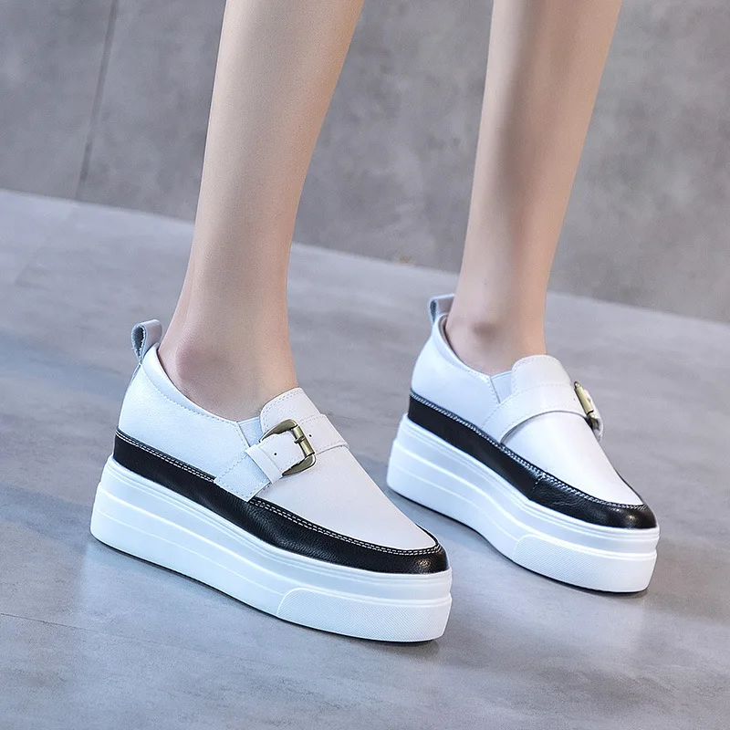 Black 7CM Platform Wedge Women Shoes Genuine Leather Slip on Buckle Hidden Heel Chunky Leather Women Sneakers Women Casual Shoes