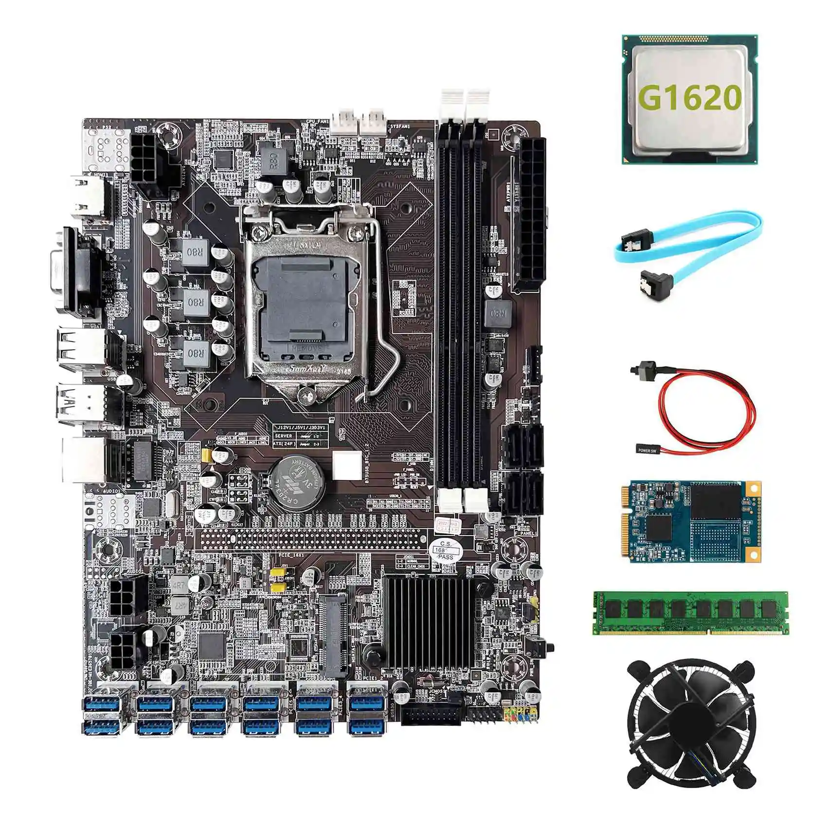 

B75 ETH Mining Motherboard 12XPCIE to USB+G1620 CPU+DDR3 4GB RAM+64G SSD+Fan+SATA Cable+Switch Cable LGA1155 Motherboard