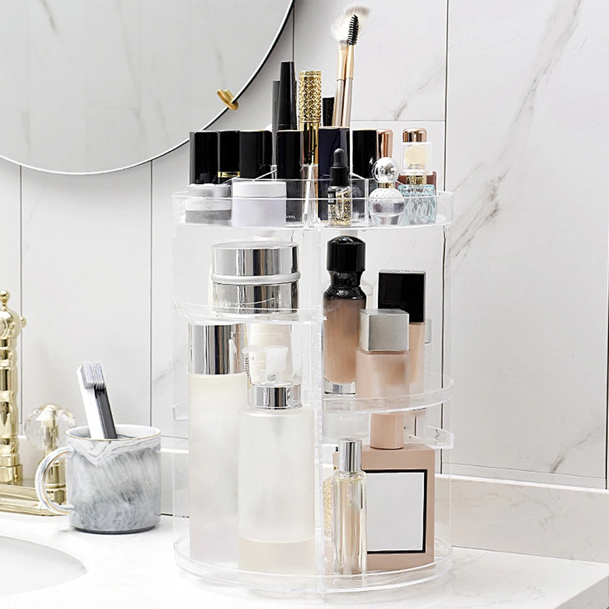

Вращающийся органайзер для макияжа, вращающаяся на 360 ° стойка для макияжа, 4 слоя, прозрачная регулируемая коробка для хранения косметики, большая витрина для «сделай сам»