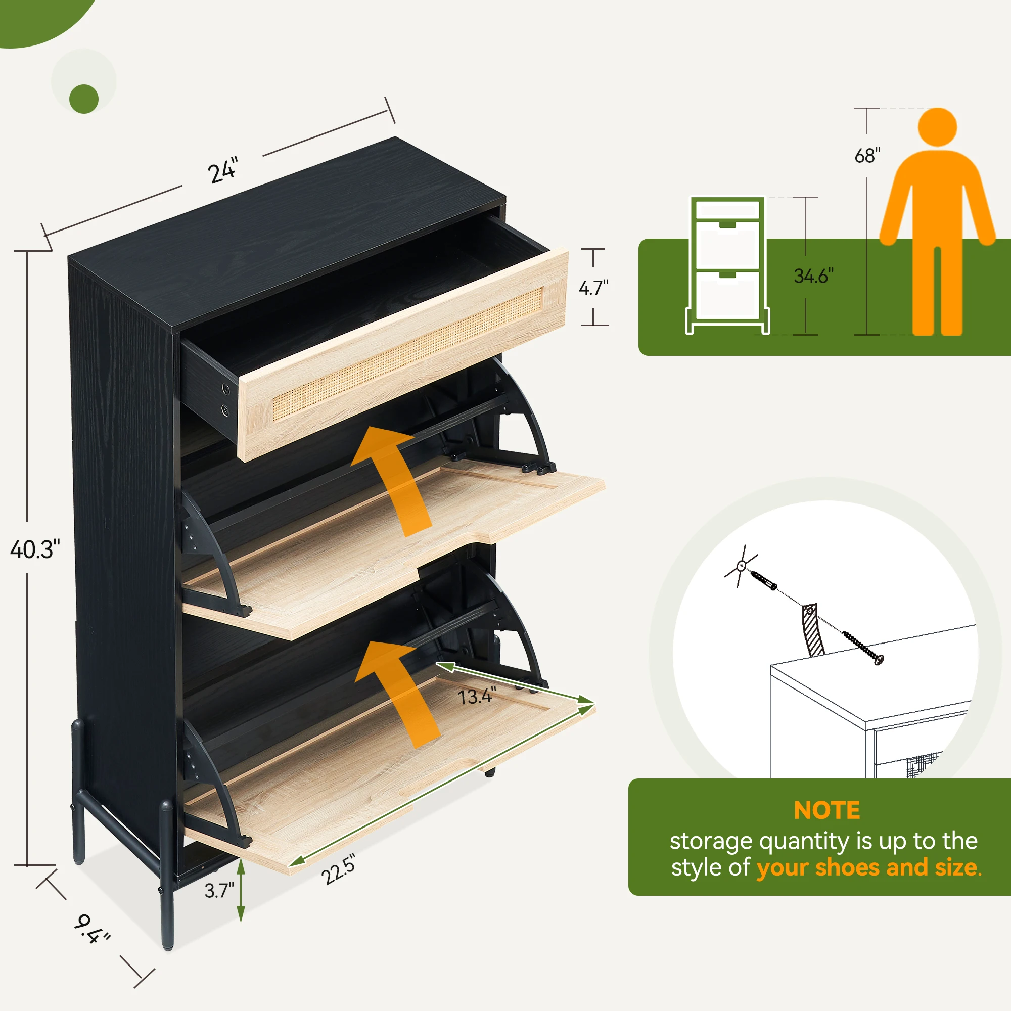 Шкаф для хранения обуви из ротанга с 2 откидными дверцами и 1 ящиком отдельно
