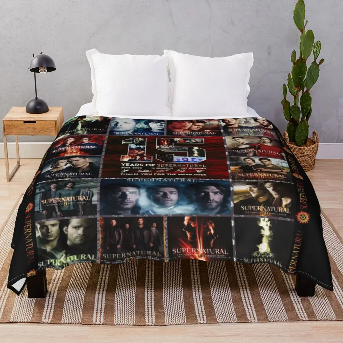 Supernatural 15 Seasons Blanket Flannel Print Super Warm Throw Blankets for Bed Home Couch Travel Cinema