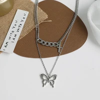 double layered butterfly necklace female collarbone chain cross hip hop cool 2022 new sweater chain accessories