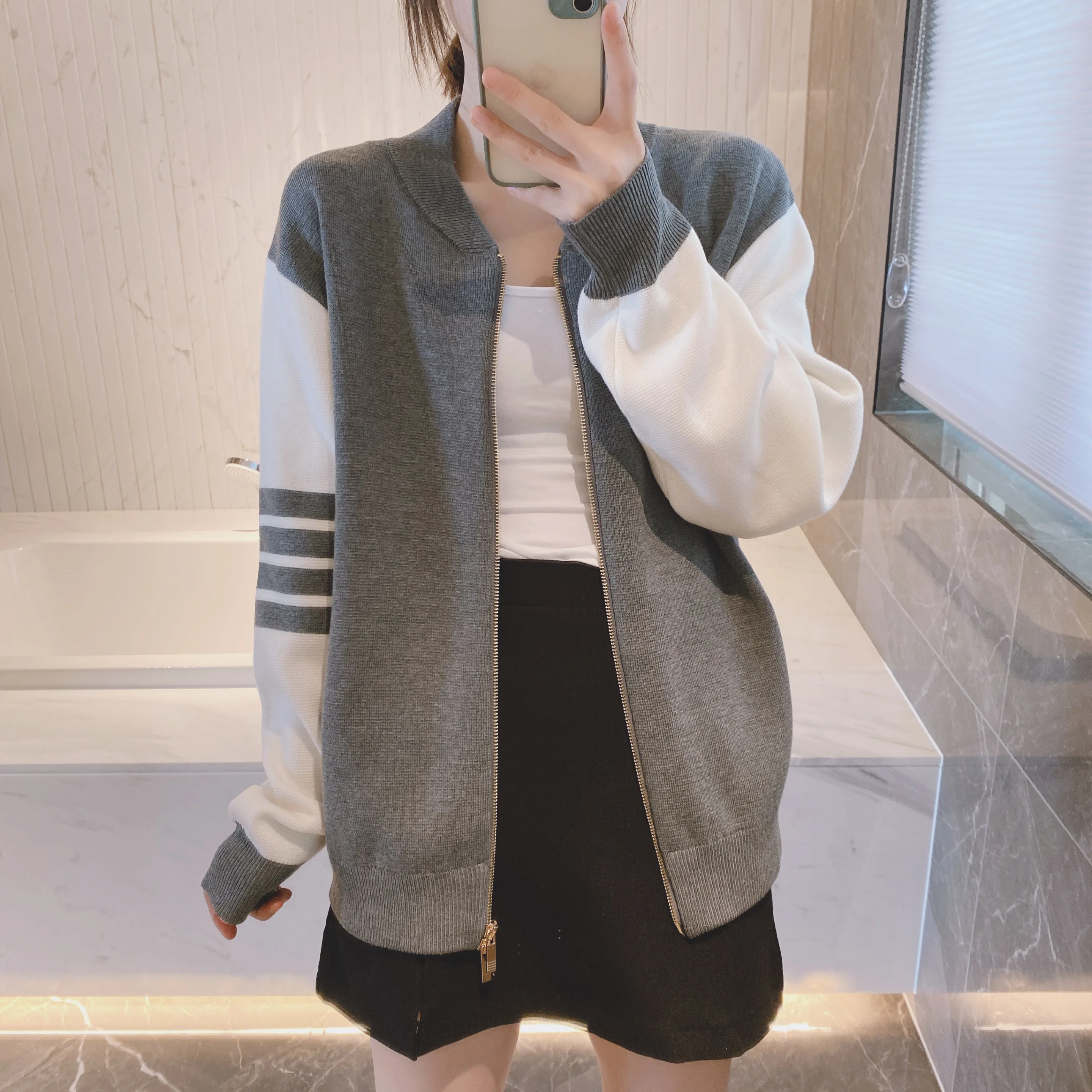 TB High Quality Korean Style Fashion Women's Baseball Jersey Sports Casual Coat Color Contrast Wool Zipper Knitted Cardigan