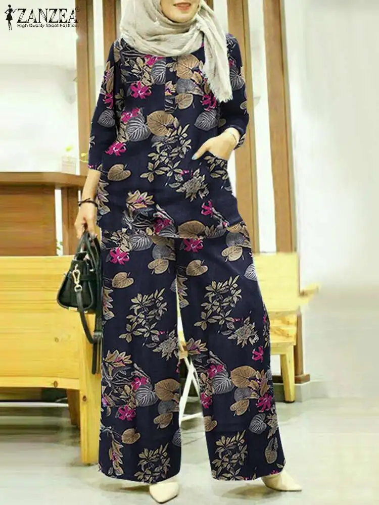 

ZANZEA Two Piece Sets Muslim Sets Womens Outifits Summer Dubai Turkey Abaya Wide Leg Pants Sets Islamic Cloth Bohemian Tracksuit
