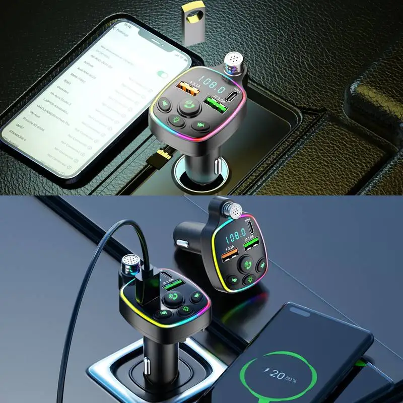 

FM Transmitter Bluetooth 5.0 Car PD 20W Type-C Dual USB 3.1A Fast Charger LED Backlit Atmosphere Light MP3 Player Lossless Music