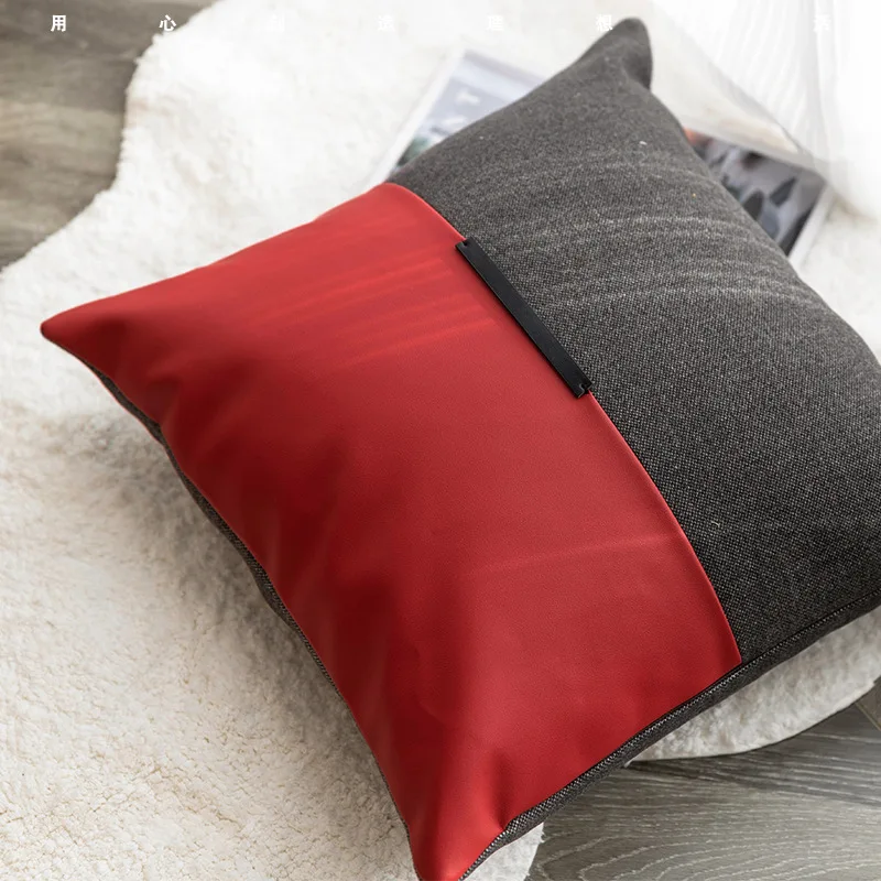 Croker Horse 18x18 Inches Throw Pillow Cushion Cover - Bordeaux Red Pu Leather Splicing Designer Style Couch Pillow Without Core