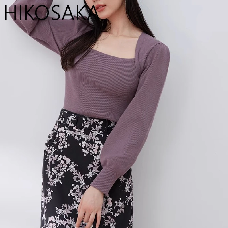 Элегантный пуловер с квадратным воротником на завязках сзади свитер в японском