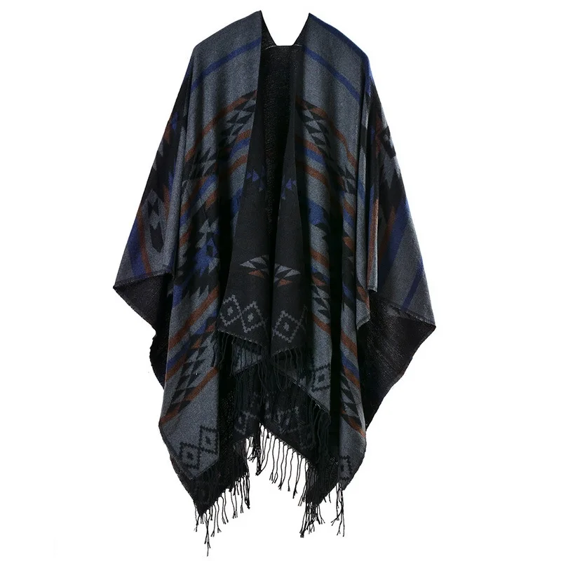

European American Popular Tassel Thickened Cashmere Like National Style Travel Fork Shawl Scarf in autumn Ponchos Capes P9