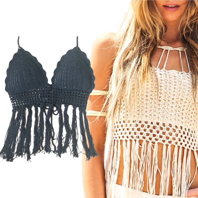 

MXMB Women Beach Knit Tassels Bikini Bra Hollow Crochet Lace-Up Back Halter Camisole