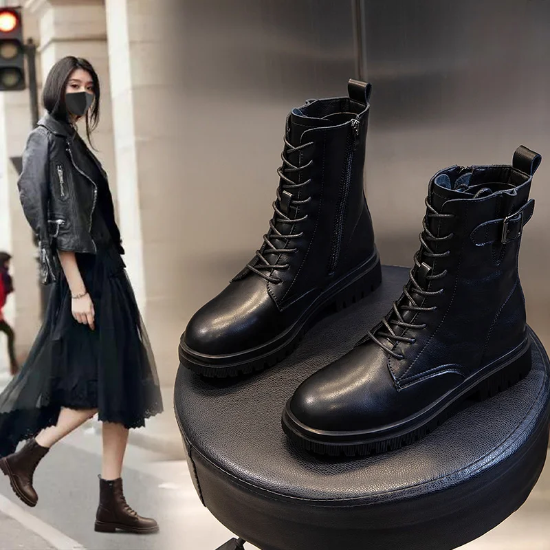 

Luxury brand genuine Autumn and Winter 2023 New Genuine Leather Martin Boots English Style Casual Women's Coarse Heels Mid tube