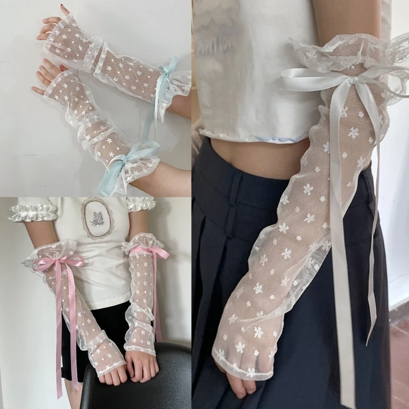 

652F женские кружевные перчатки с милой лентой, солнцезащитные кружевные рукава, декоративные перчатки для девочек, классные с