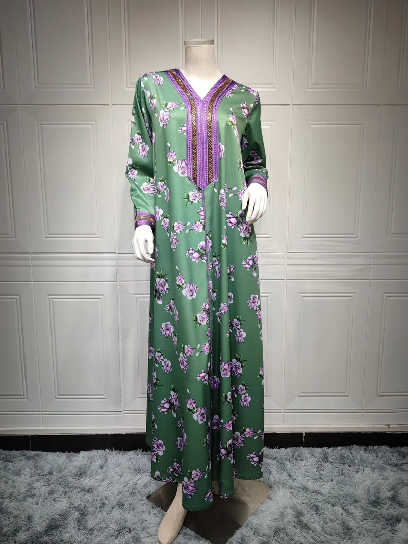 Ramadan Jalabiya Kaftan Dresses for Women Fashion Long Sleeve Abaya Dubai Muslim Print Maxi Robe Moroccan Caftan Arabic Clothing