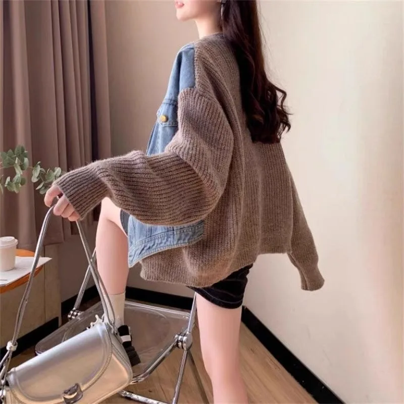 Джинсовый лоскутный вязаный кардиган пальто женское осенне-зимнее с v-образным