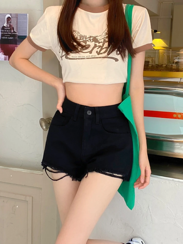 New Spring Summer Women High Waist Raw Hem Frayed Denim Shorts Streetwear Female Button Slim Fit Jeans Shorts Bottoms