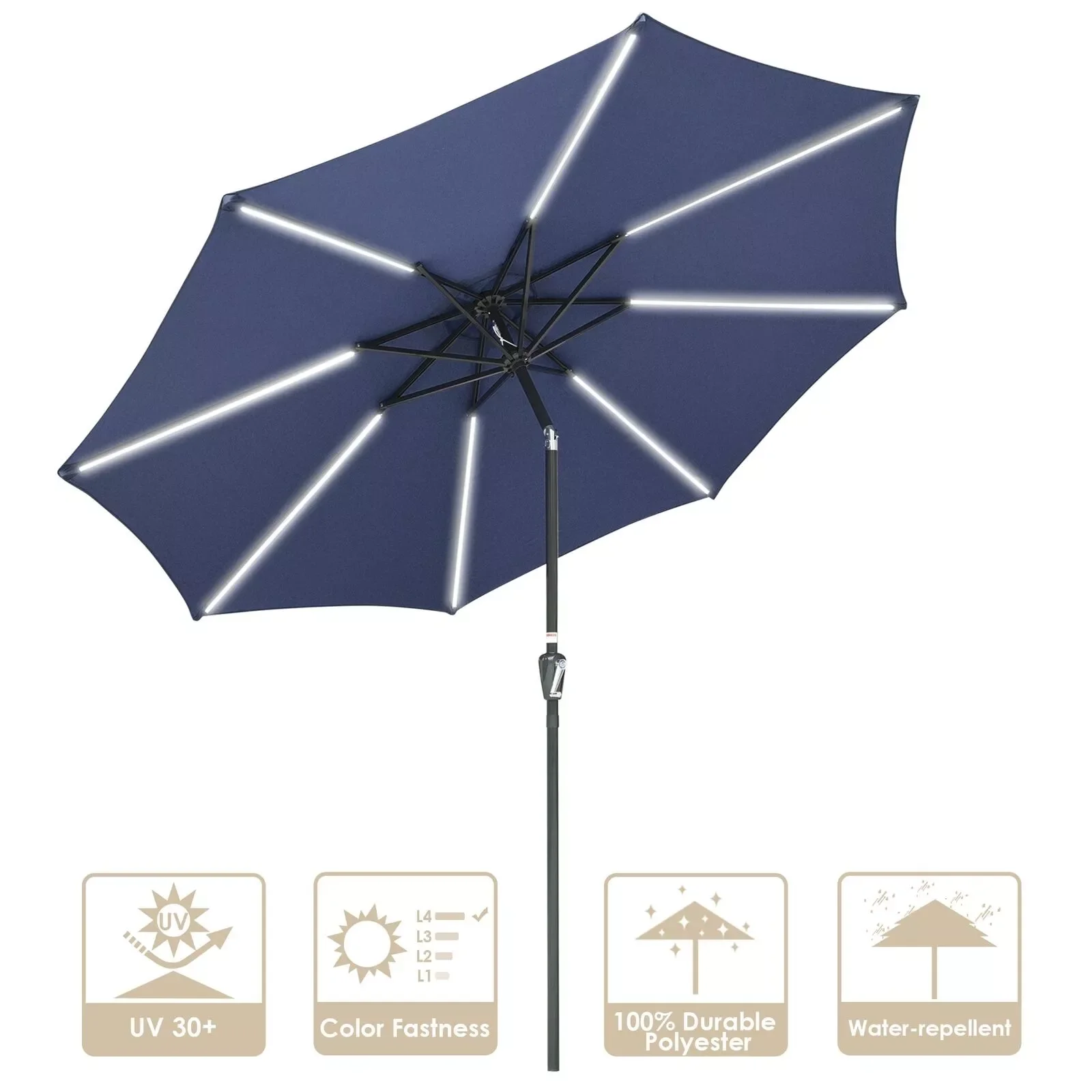 

9ft Multifunctional Alu 8 LED Strip Light Umbrella Polyester Canopy Navy Blue