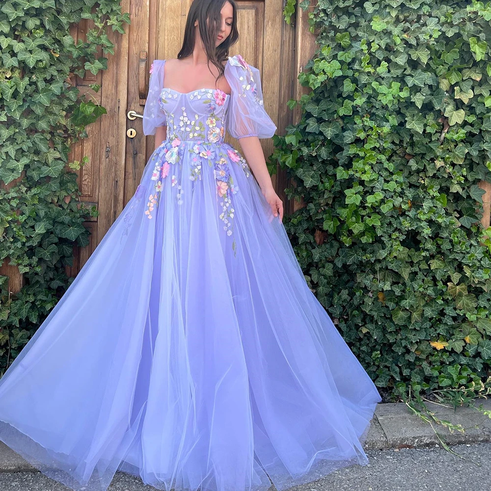 

Fashion Sweetheart Lilac A-Line Tulle Applique Formal Occasion Prom Dresses Floor-length Women Evening Party Dress