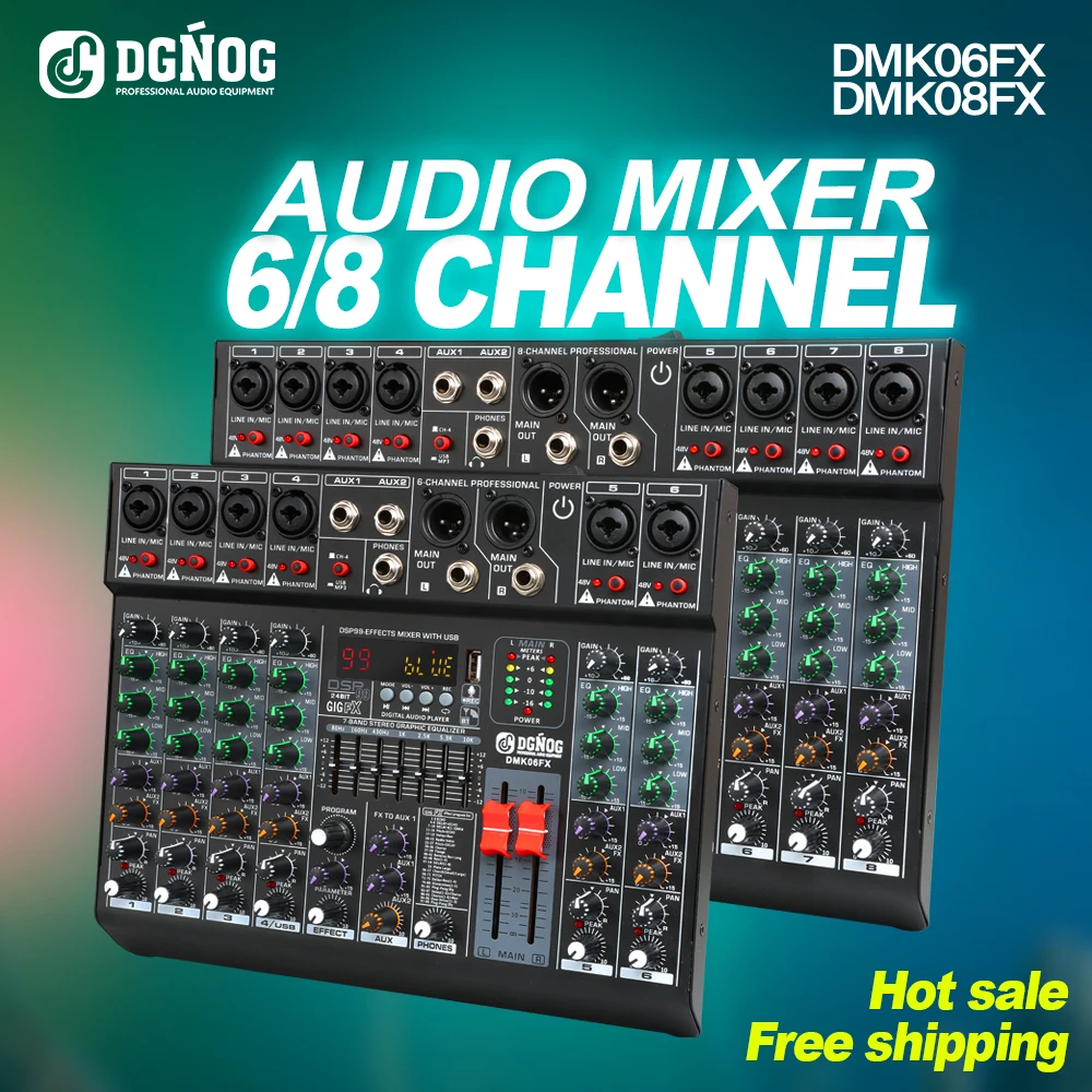 Фото Профессиональный 8-канальный аудиомикшер DGNOG DMK08FX DJ Sound Mixing Console с фантомным питанием 48 В Bluetooth USB для караоке-студии №1