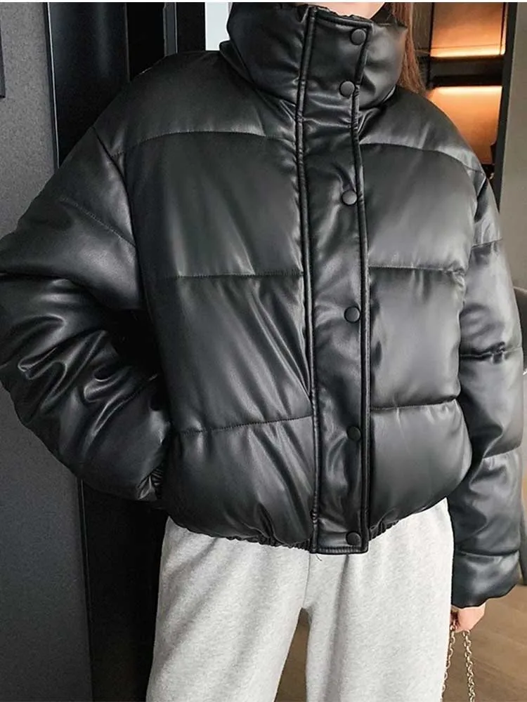 Pu Leather High Quality Warm Thicken Women Winter Coat Stand Collar Fashion Breasted Single Button Female Parka Coat Puff
