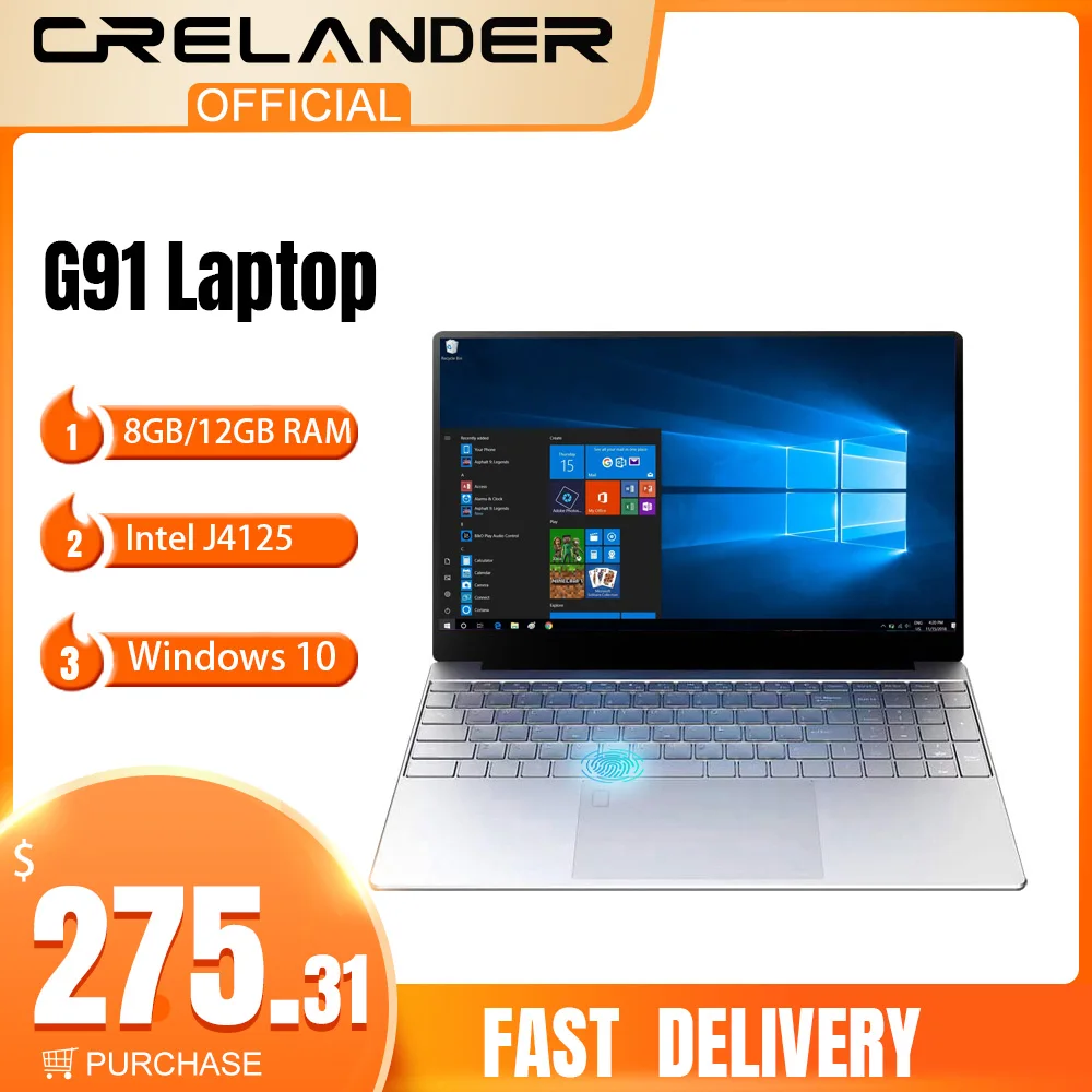 CRELANDER Laptop 15.6 Inch 12GB RAM 128GB/256GB/512GB/1TB SSD Intel J4125 Windows 10 Notebook Computer Pc Portable