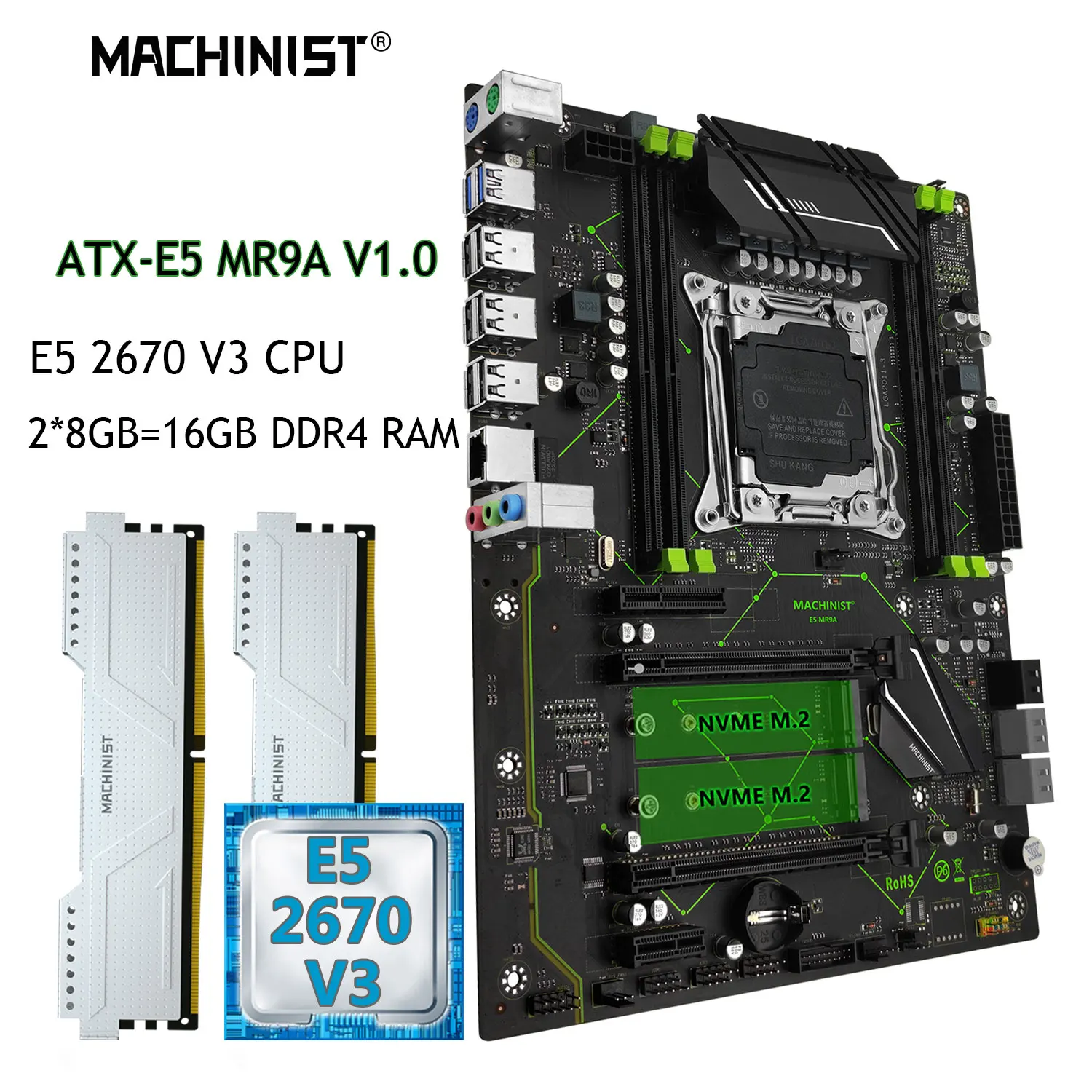 MACHINIST X99 Motherboard Combo Xeon E5 2670 V3 Kit CPU DDR4 2*8G=16GB 2133MHz RAM Memory NVME M.2 pci USB 3.0 Four Channel MR9A