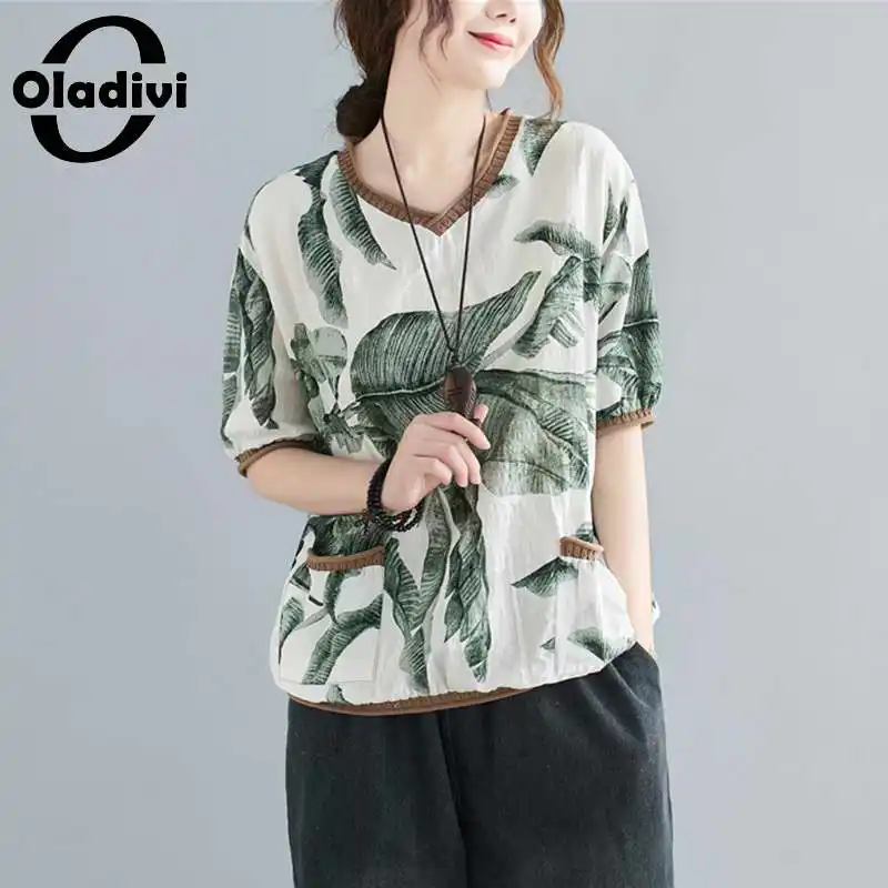 

Блузка Oladivi женская с цветочным принтом, модный топ оверсайз, Повседневная Свободная рубашка для девушек, туника, большой размер 4XL, на лето