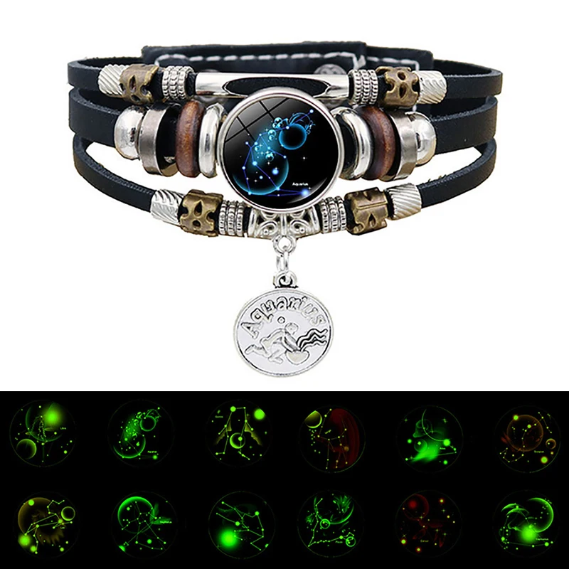 

Luminous 12 Constellation Vintage Bracelet for Men Women Braided Punk Leather Bracelets Birthday Gift Glow In The Dark Bracelet