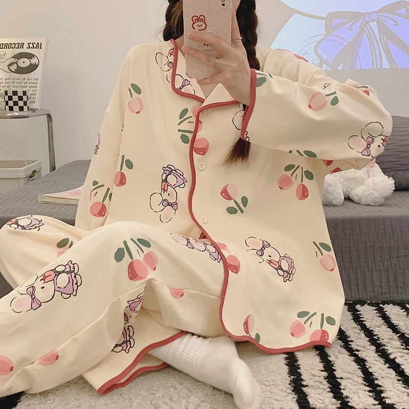 

Korean Pajama Sets For Women Adult Cartoon Rabbit Print Sleepwear Cotton Pyjama Girl Homewear Long Sleeve Pijama Suit Clothes