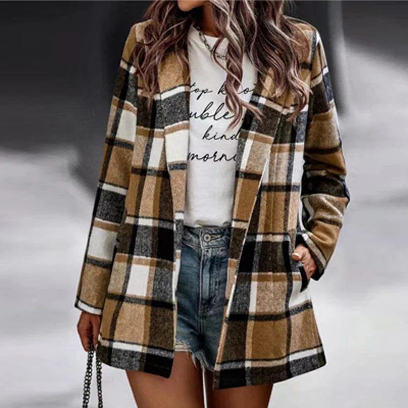 

Lady Casual Plaid Patchwork Wool Coats Women Autumn Lapel Buttoned-up Cardigans Ladies 2022 Fashion Outwear Jackets Streetwear