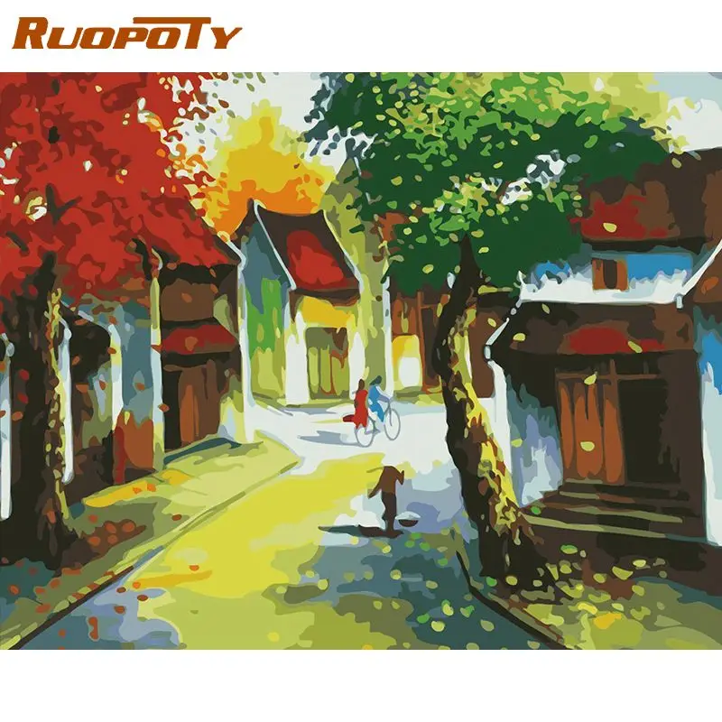 

RUOPOTY Oil Painting By Numbers For Handicrafts Autum Town Scenery Painting Decors For Adults Diy Set Gift Wall Art Handpainted