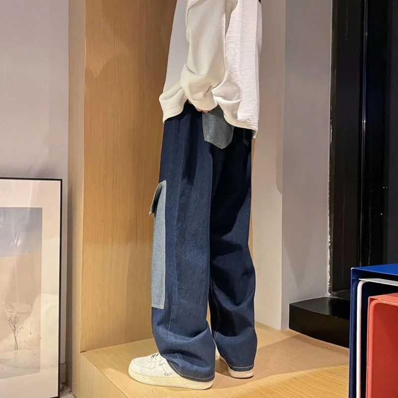 DEEPTOWN Patchwork Cargo Jeans for Men Denim Pants Male Japanese Streetwear Oversize Straight Trousers Loose Casual Heart Spring